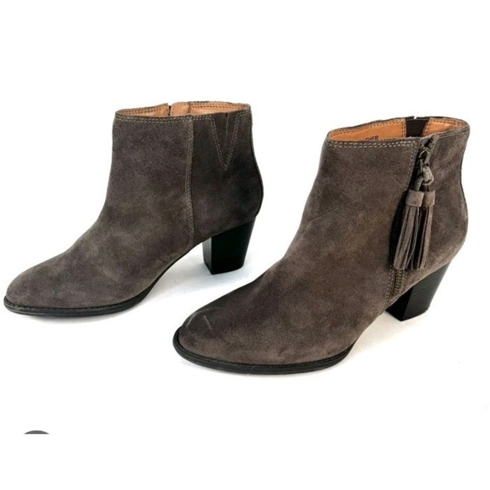 Vionic 9 Suede Ankle Boots Madeline Heel Zip Tassel Gray Equestrian Comfort Soft